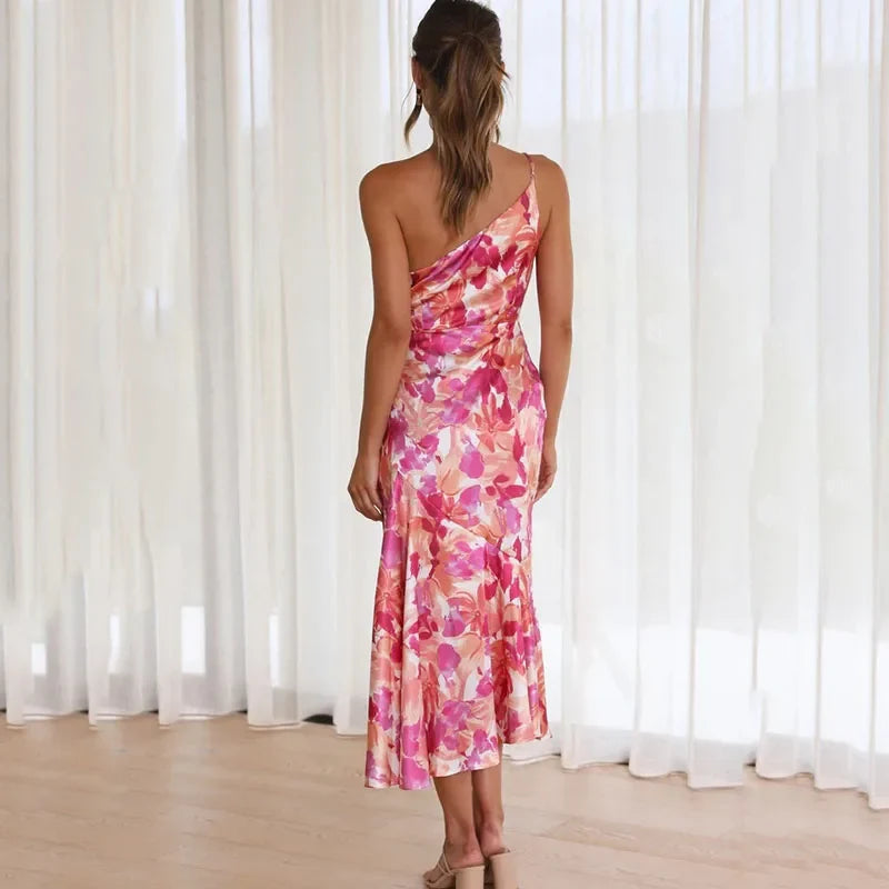 Women's pink floral asymmetric one-shoulder midi dress with flared hem