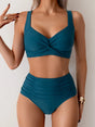 Women's ruched bikini set with twisted V-neck top and high-waisted briefs