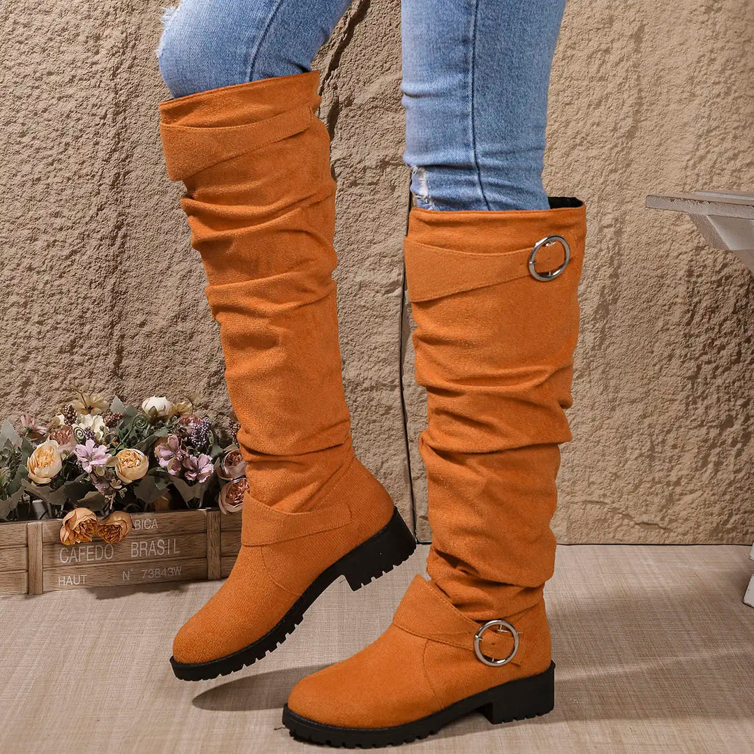 Women's Comfort Buckle-Strap Flat-Sole Knee-High Boots — Everyday