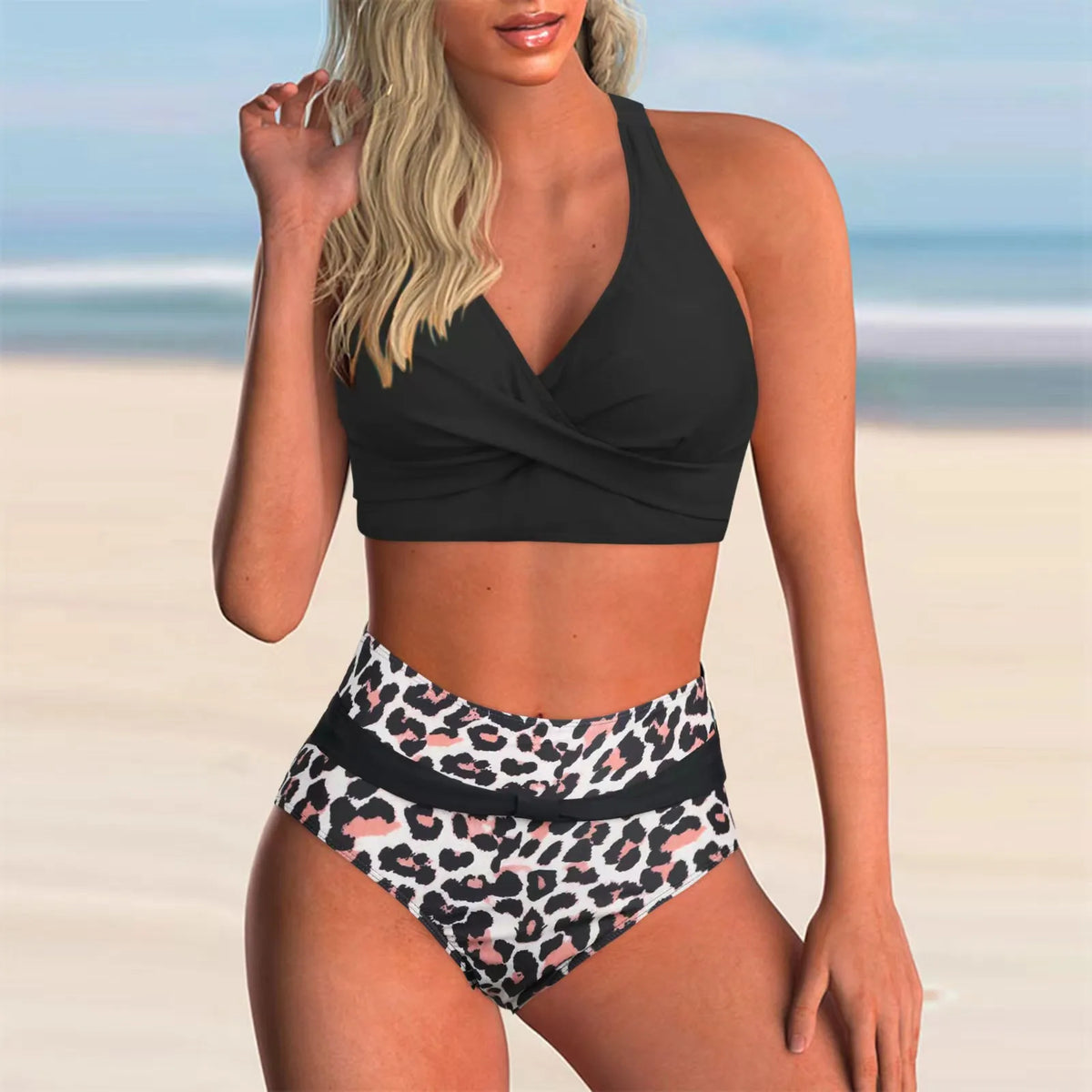 Women's printed wrap-front bikini set with high-waisted briefs