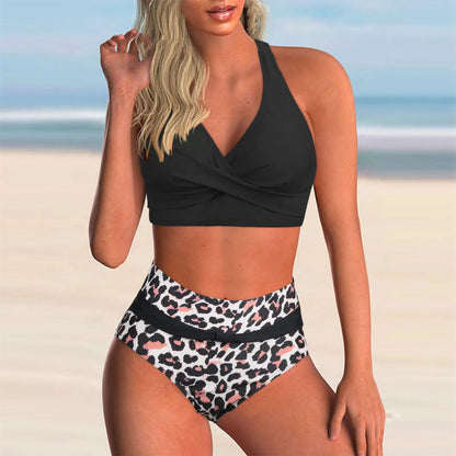 Women's printed wrap-front bikini set with high-waisted briefs