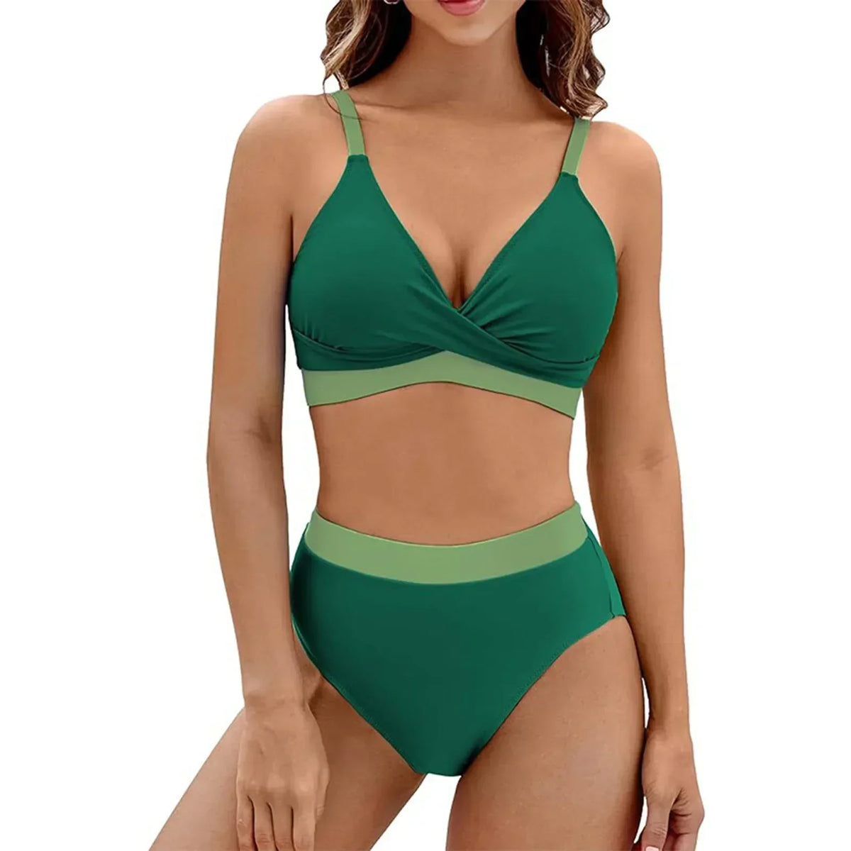 Women's ruched V-neck bikini set with high-waisted tie-side briefs