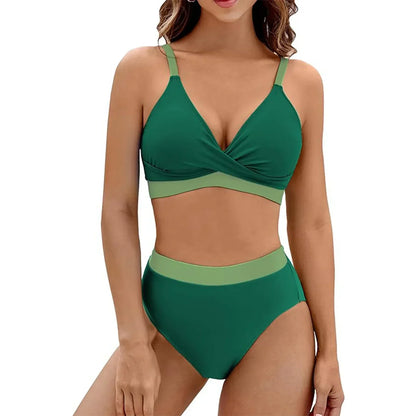 Women's ruched V-neck bikini set with high-waisted tie-side briefs