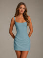 Women's sleeveless square-neck sheath mini dress with gathered ruching at the skirt