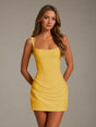 Women's sleeveless square-neck sheath mini dress with gathered ruching at the skirt