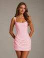 Women's sleeveless square-neck sheath mini dress with gathered ruching at the skirt