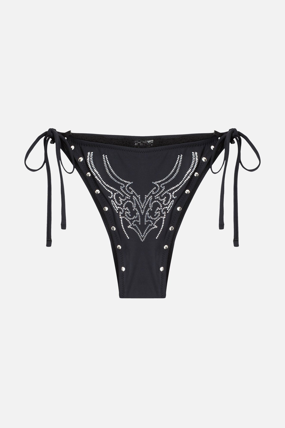 Black tie-side bikini bottom with silver rhinestone motif and stud detailing