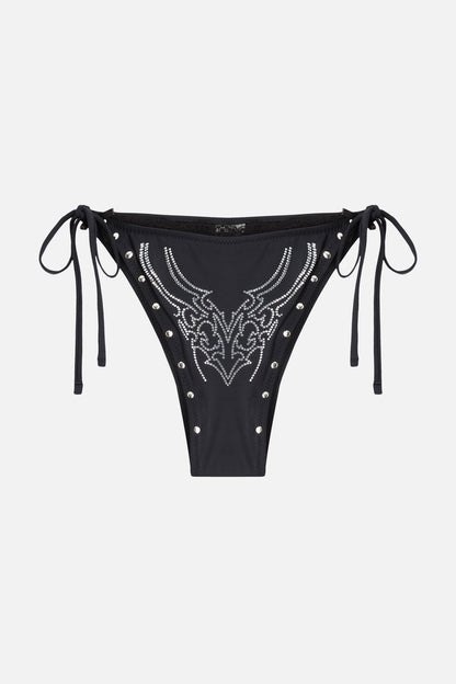 Black tie-side bikini bottom with silver rhinestone motif and stud detailing