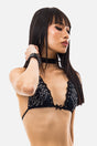 Black triangle bikini top with rhinestone scroll detailing, lace trim and halter straps