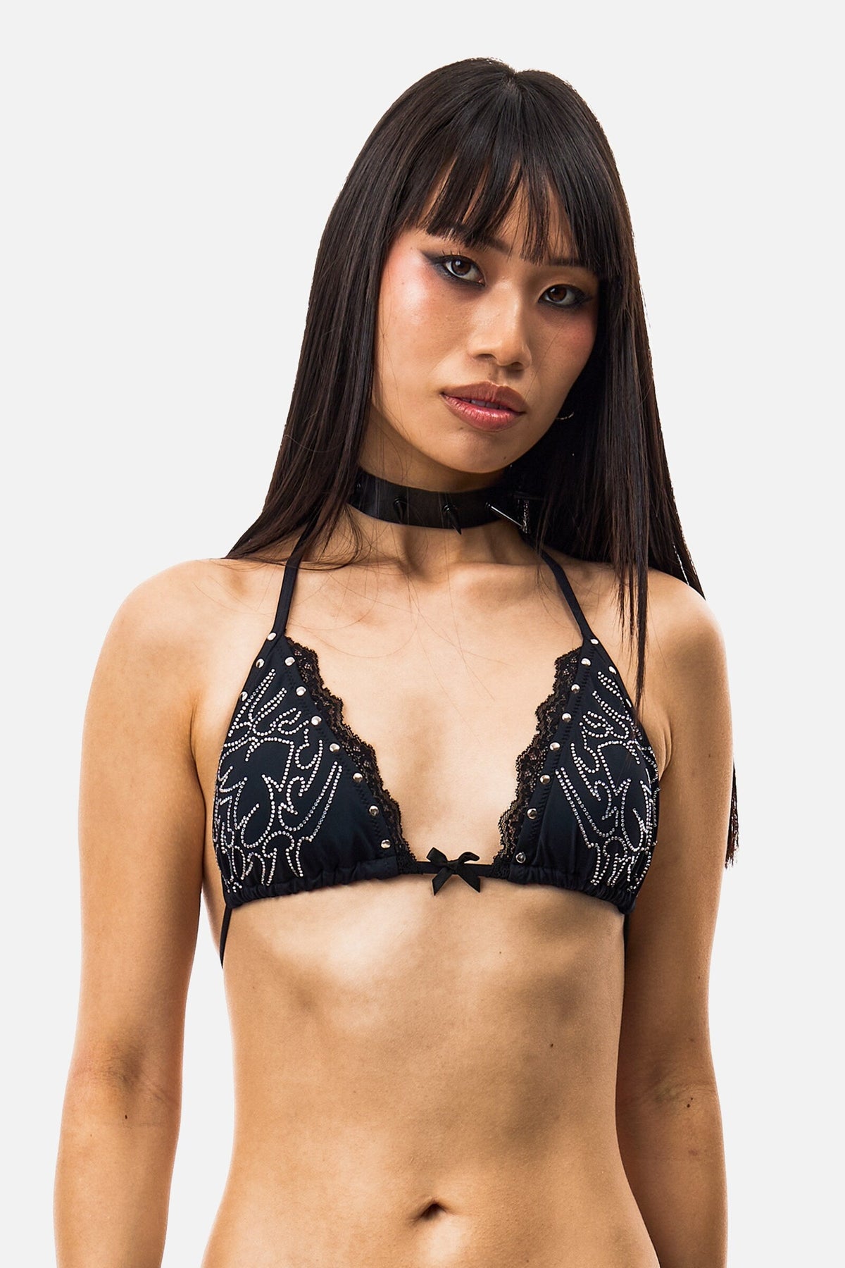 Black triangle bikini top with rhinestone scroll detailing, lace trim and halter straps