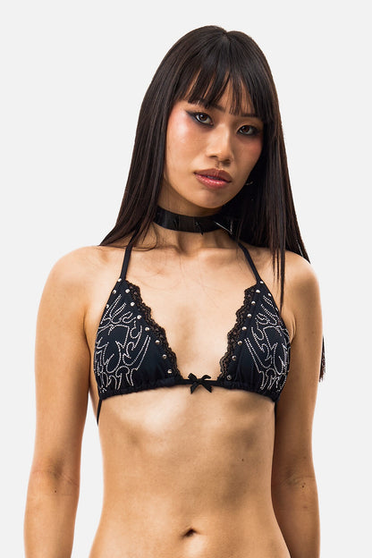 Black triangle bikini top with rhinestone scroll detailing, lace trim and halter straps
