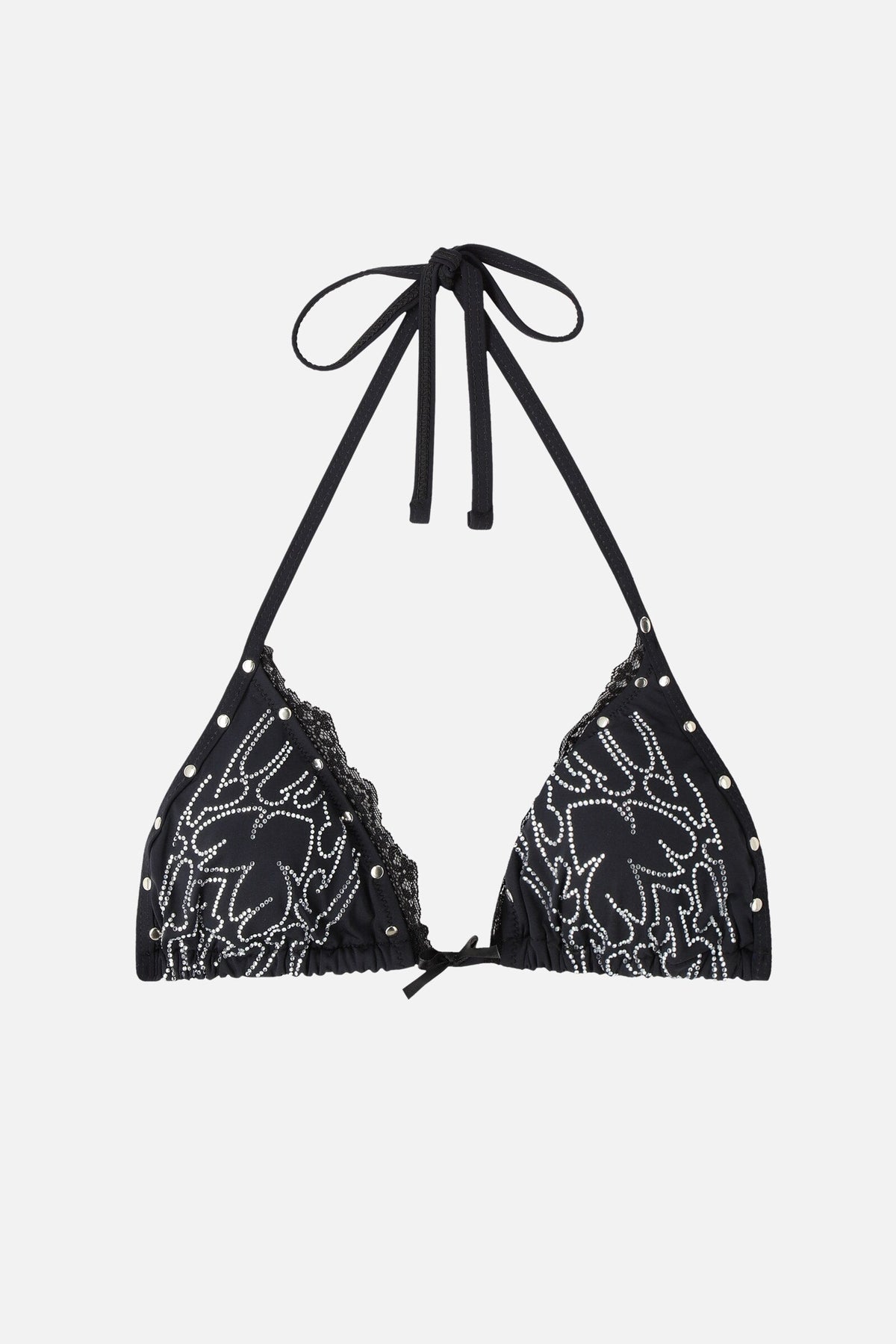 Black triangle bikini top with rhinestone scroll detailing, lace trim and halter straps