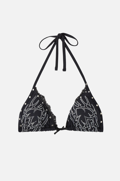 Black triangle bikini top with rhinestone scroll detailing, lace trim and halter straps