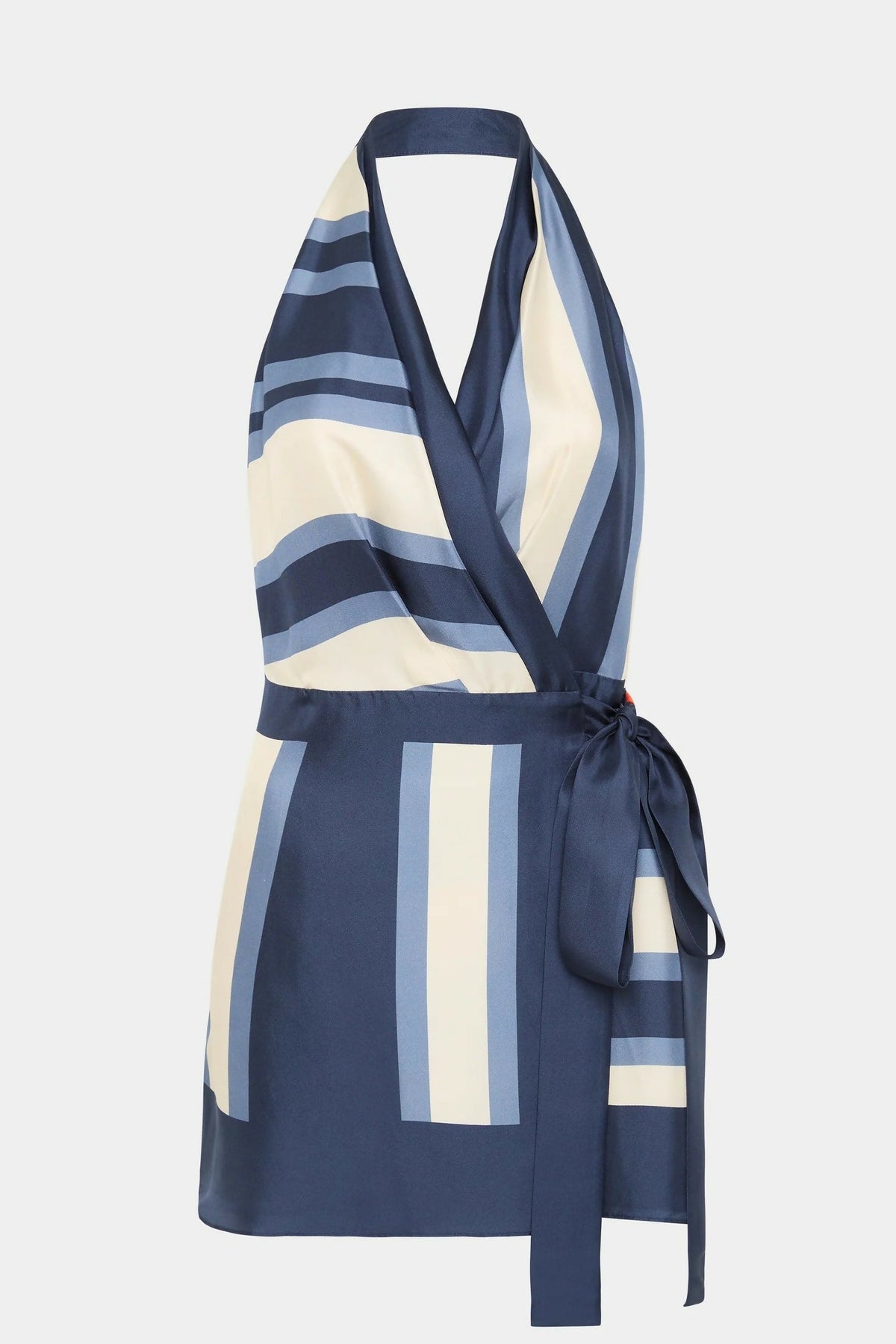 Women's striped halterneck wrap mini dress with side waist tie