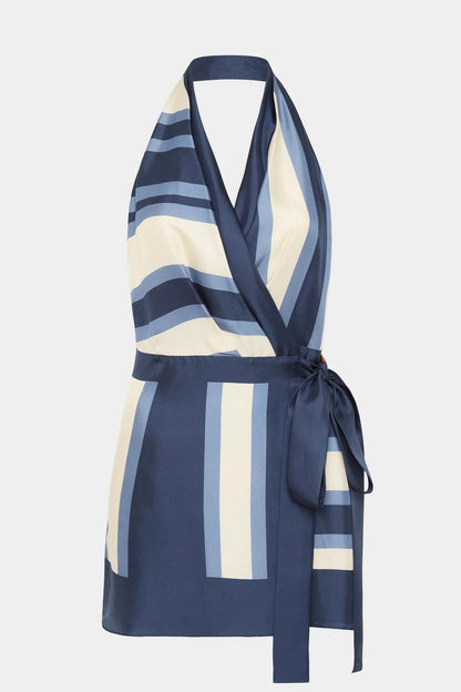 Women's striped halterneck wrap mini dress with side waist tie