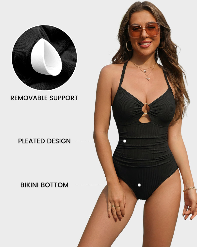 Women's ruched one-piece swimsuit with V-neckline, centre cutout and high-cut leg