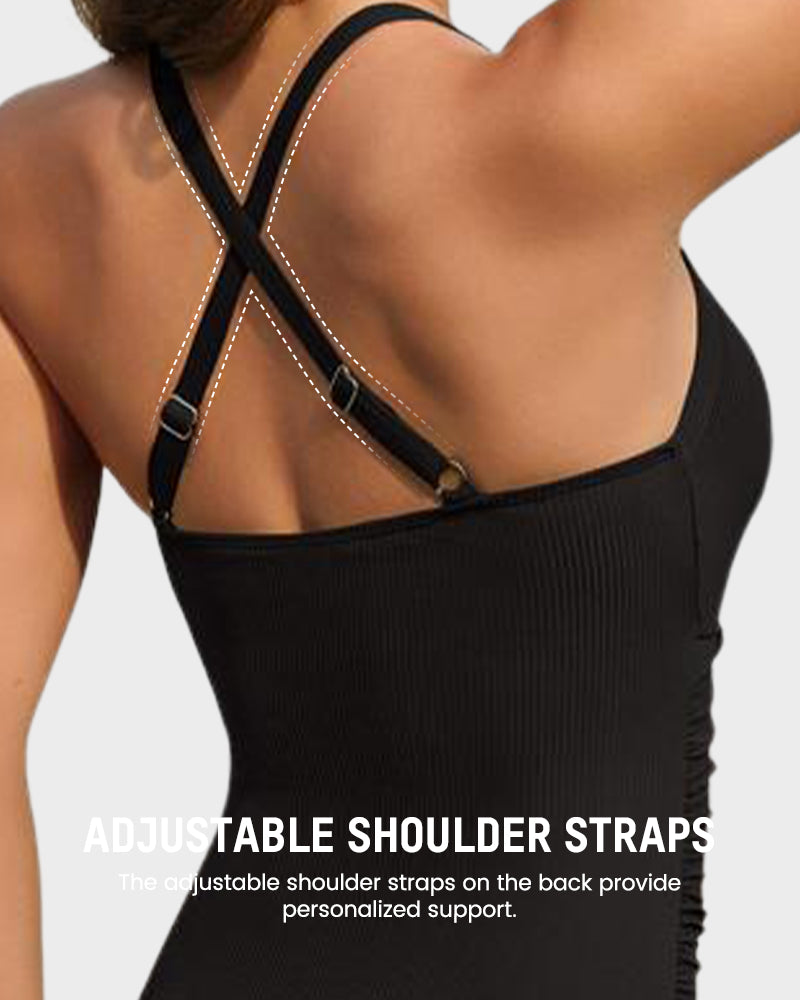 Women's ruched one-piece swimsuit with V-neckline, centre cutout and high-cut leg