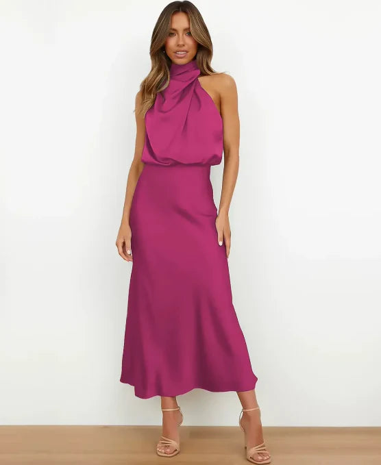 Women's sleeveless halter midi dress with a draped neckline and fitted skirt