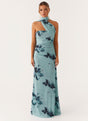 Women's pale blue floral halter maxi dress with ruched waist and asymmetric draped neckline