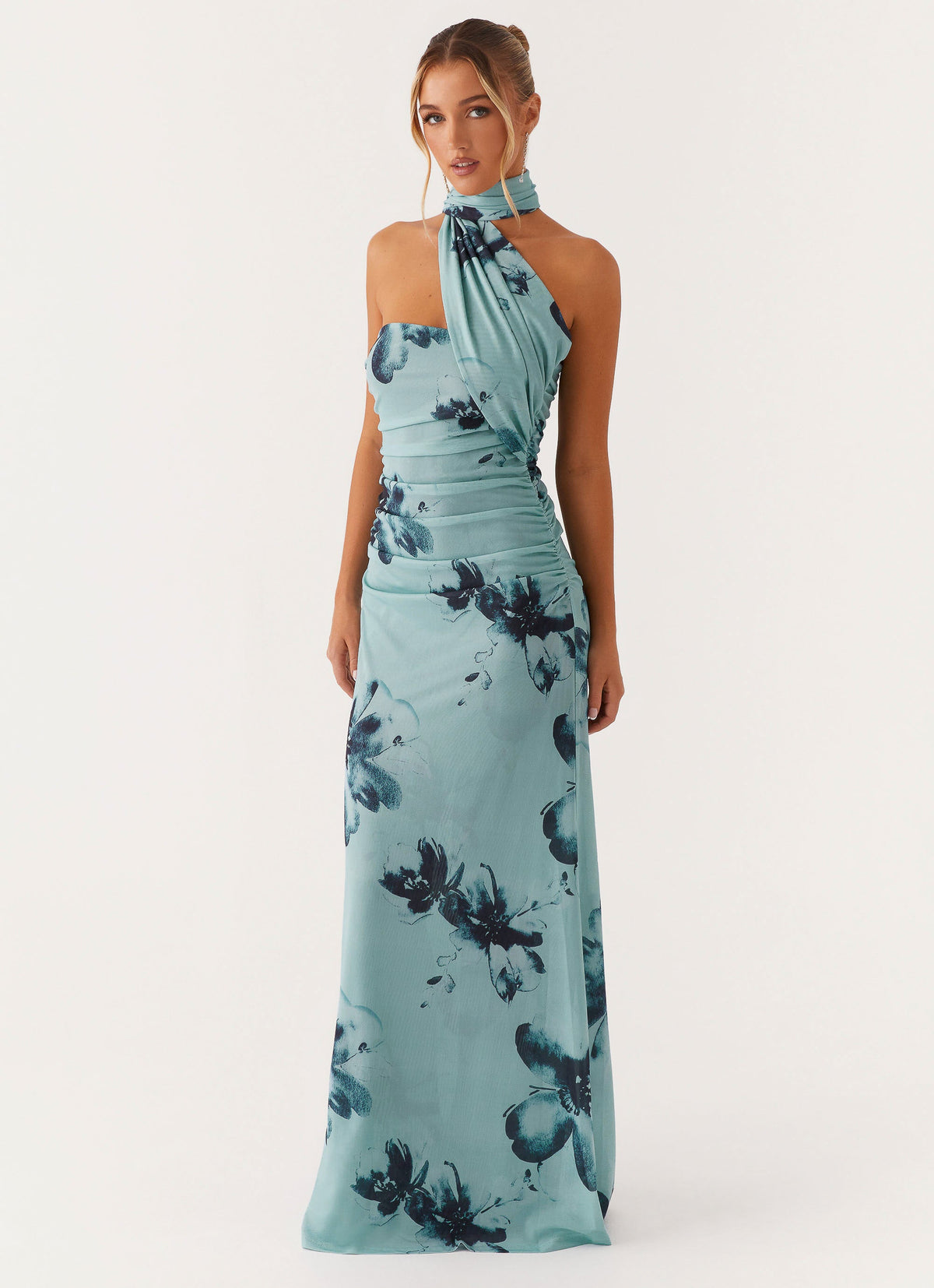 Women's pale blue floral halter maxi dress with ruched waist and asymmetric draped neckline