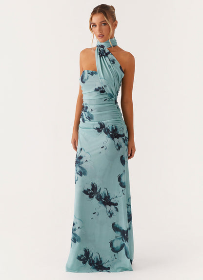 Women's pale blue floral halter maxi dress with ruched waist and asymmetric draped neckline