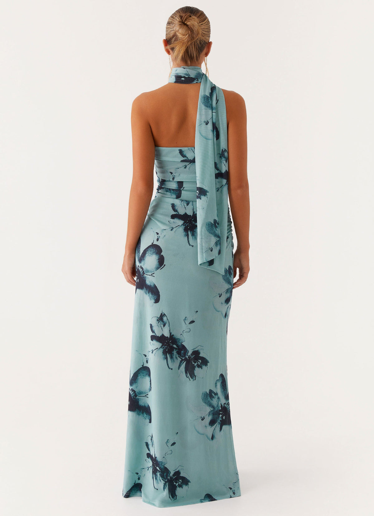 Women's pale blue floral halter maxi dress with ruched waist and asymmetric draped neckline