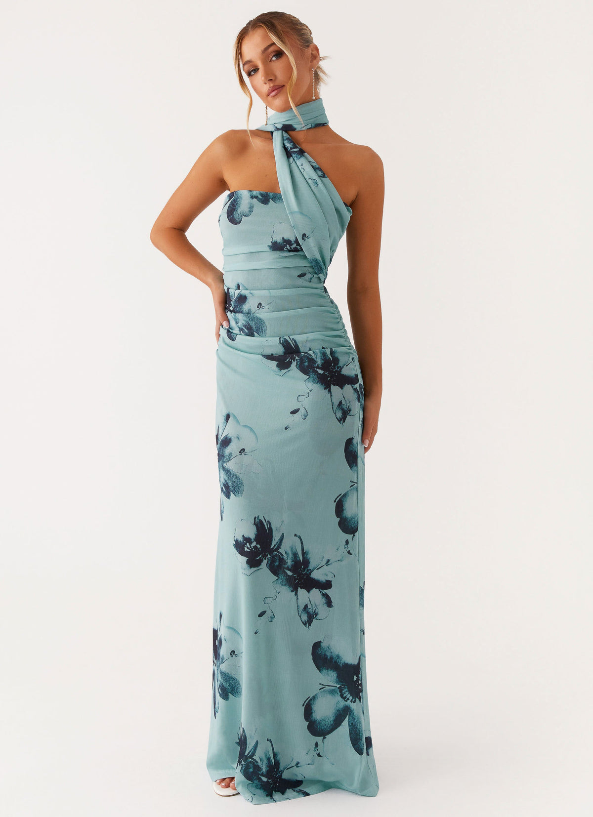 Women's pale blue floral halter maxi dress with ruched waist and asymmetric draped neckline