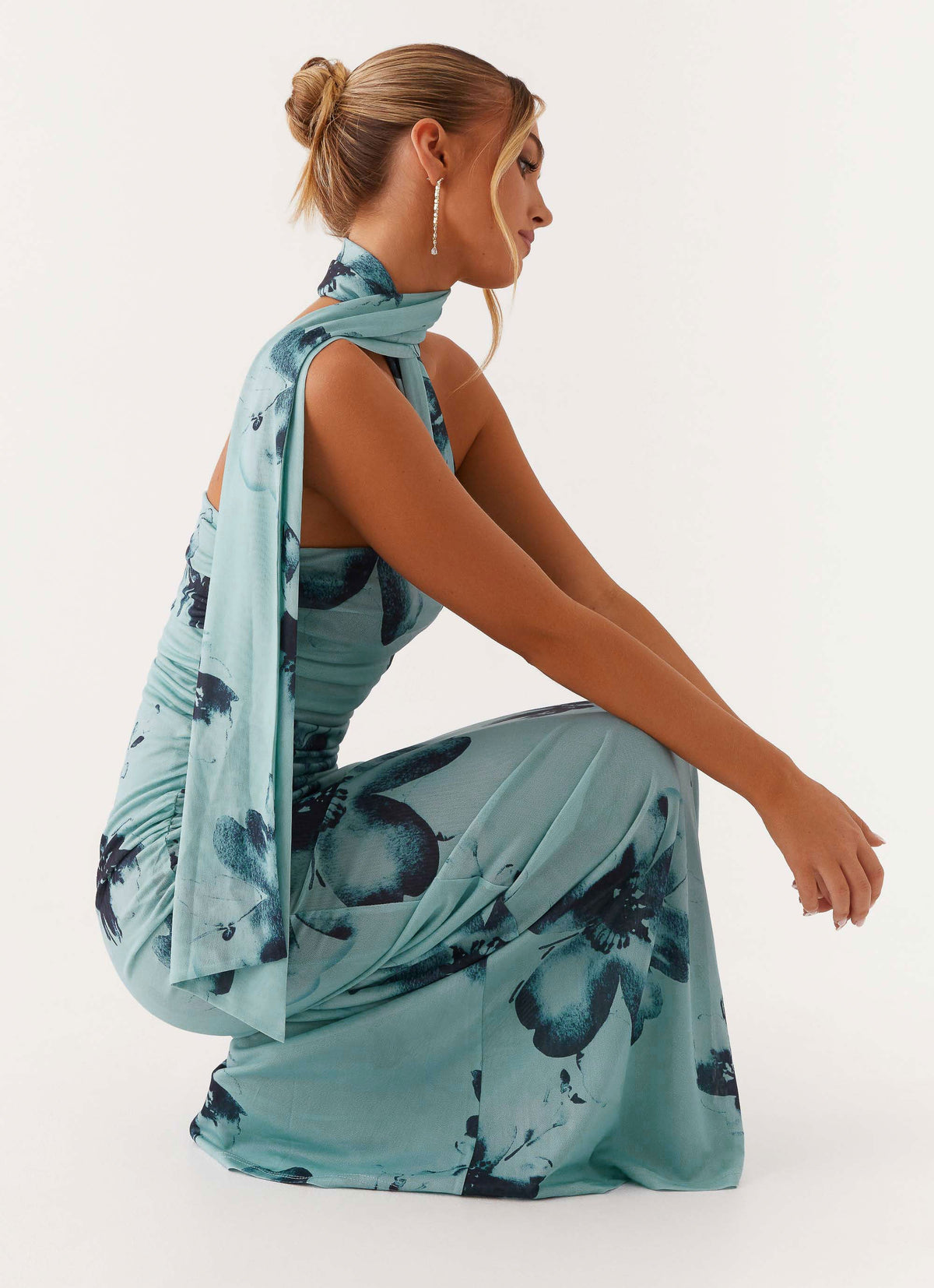 Women's pale blue floral halter maxi dress with ruched waist and asymmetric draped neckline