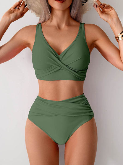 Women's high waist twist bikini with V-neck top and gathered briefs