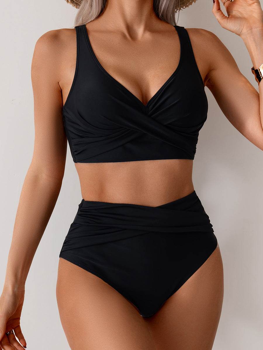 Women's high waist twist bikini with V-neck top and gathered briefs