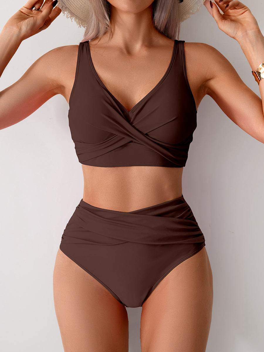 Women's high waist twist bikini with V-neck top and gathered briefs