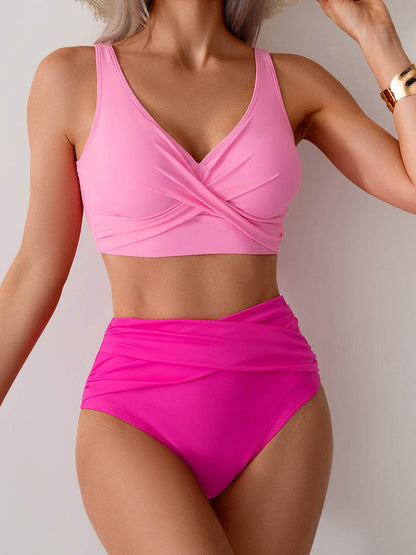 Women's high waist twist bikini with V-neck top and gathered briefs