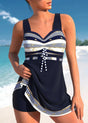 Women's patterned one-piece swimsuit with sweetheart neckline, waist tie and short skirt overlay