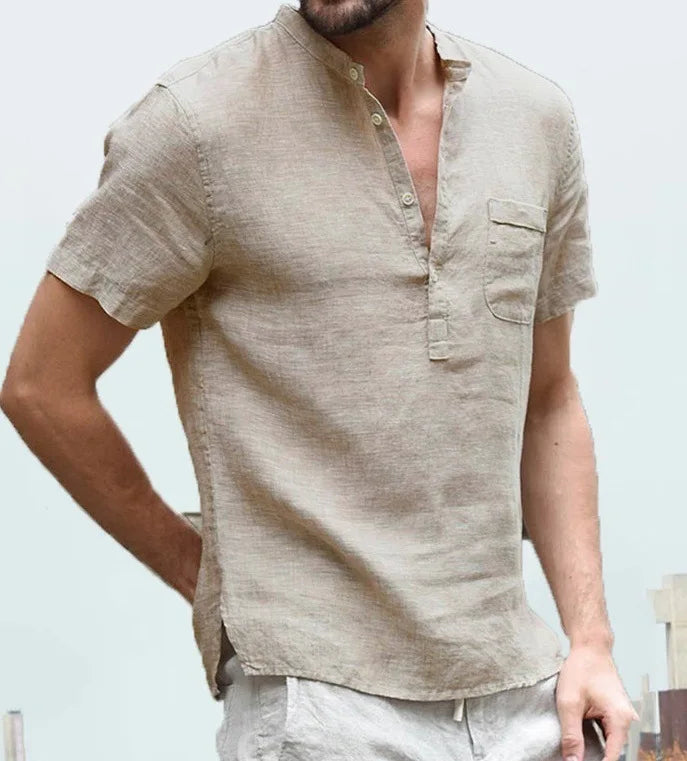 Men's short sleeve shirt with mandarin collar, button placket and chest pocket