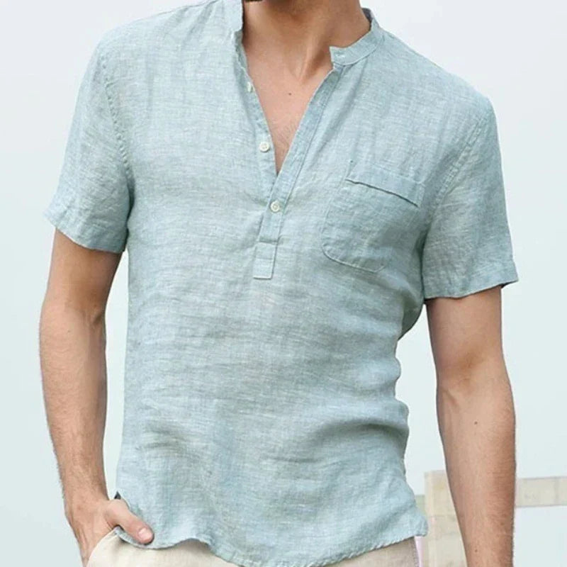 Men's short sleeve shirt with mandarin collar, button placket and chest pocket