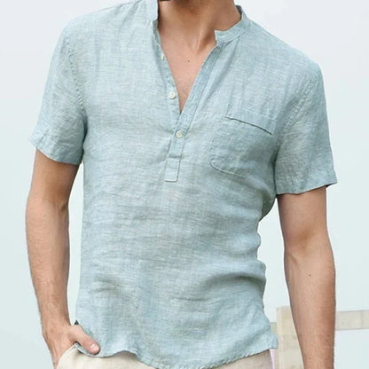 Men's short sleeve shirt with mandarin collar, button placket and chest pocket