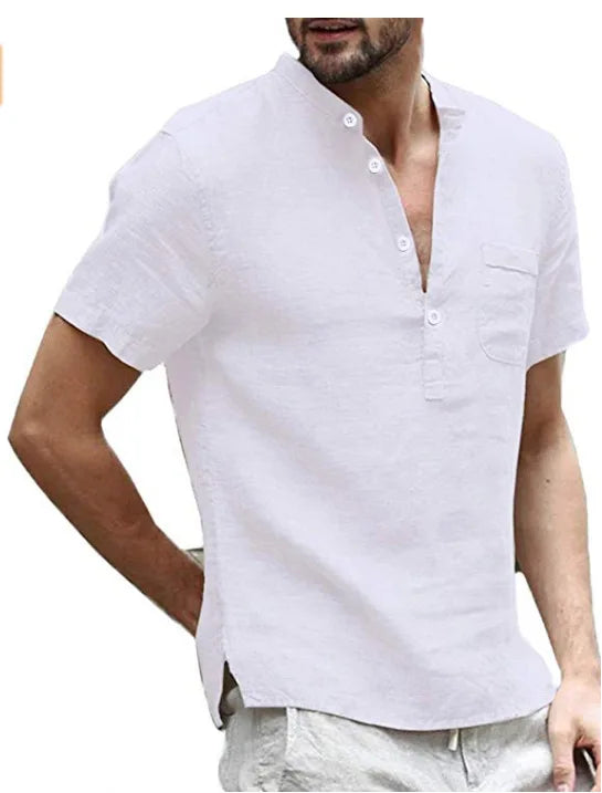 Men's short sleeve shirt with mandarin collar, button placket and chest pocket