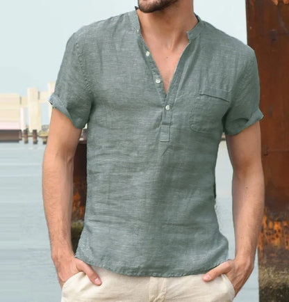 Men's short sleeve shirt with mandarin collar, button placket and chest pocket