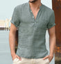 Men's short sleeve shirt with mandarin collar, button placket and chest pocket