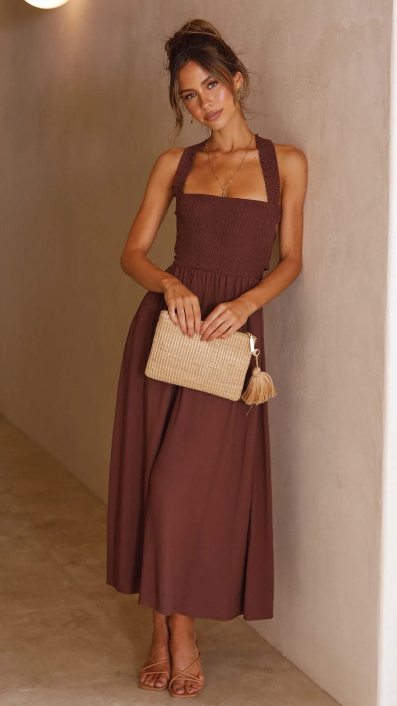 Women's sleeveless square-neck maxi dress with smocked bodice and gathered skirt