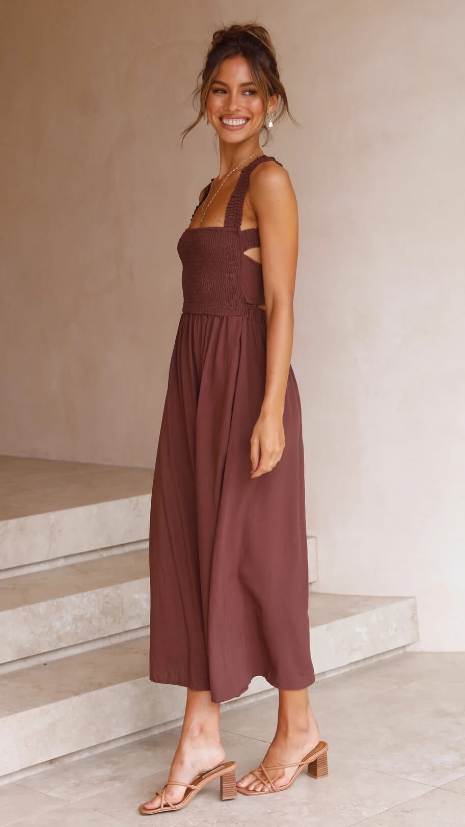 Women's sleeveless square-neck maxi dress with smocked bodice and gathered skirt