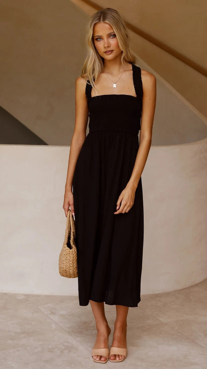 Women's sleeveless square-neck maxi dress with smocked bodice and gathered skirt