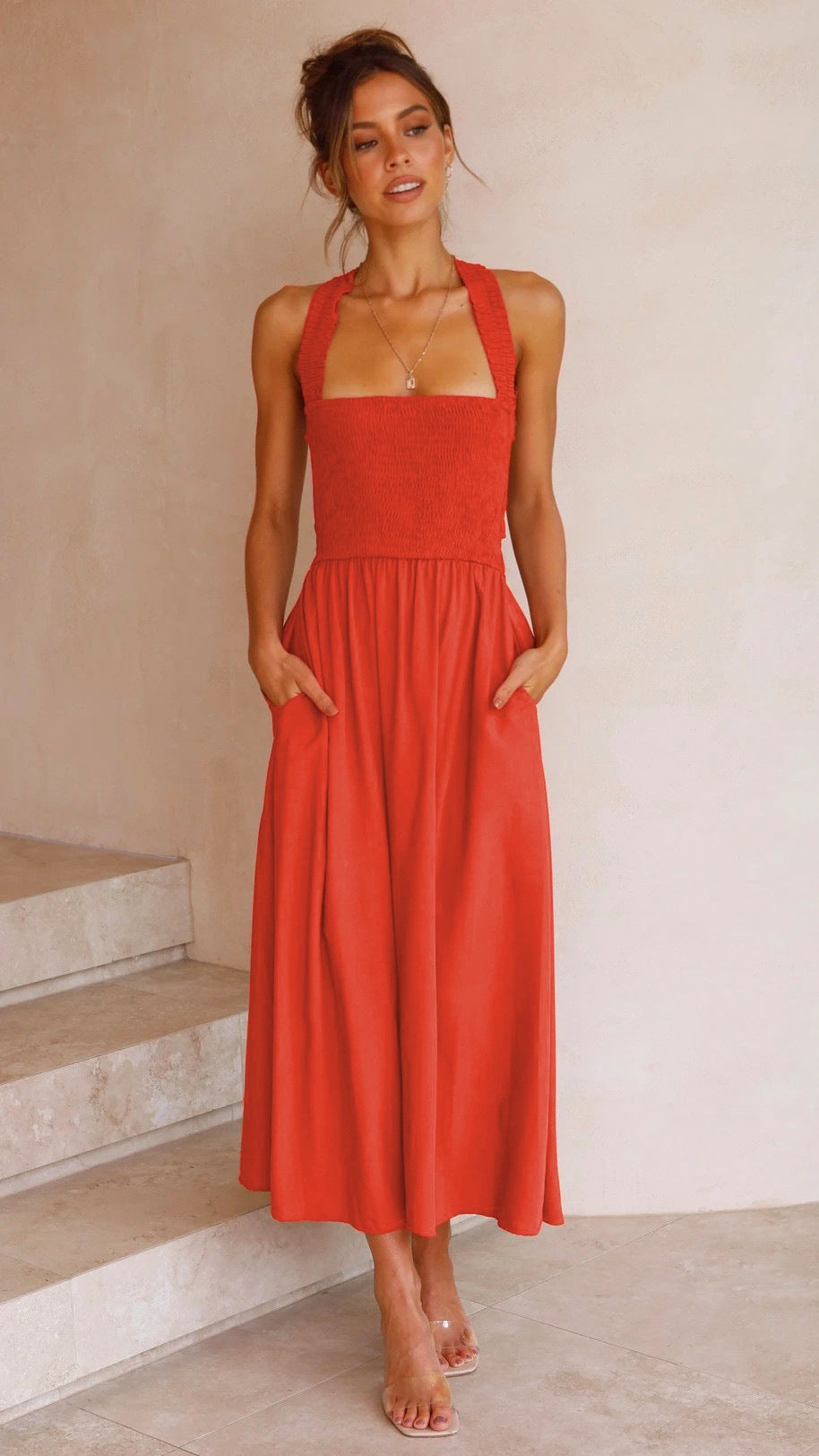 Women's sleeveless square-neck maxi dress with smocked bodice and gathered skirt