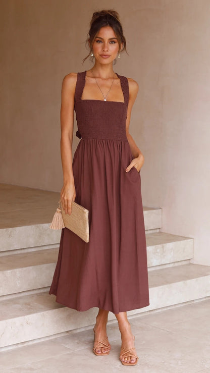 Women's sleeveless square-neck maxi dress with smocked bodice and gathered skirt