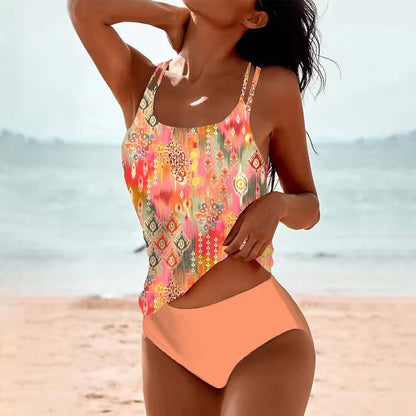 Women's floral two piece swimsuit with square neck tank top and high rise briefs