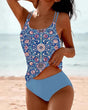 Women's floral two piece swimsuit with square neck tank top and high rise briefs