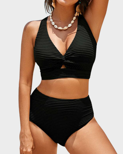 Women's textured knot-front bikini set with high-waisted briefs