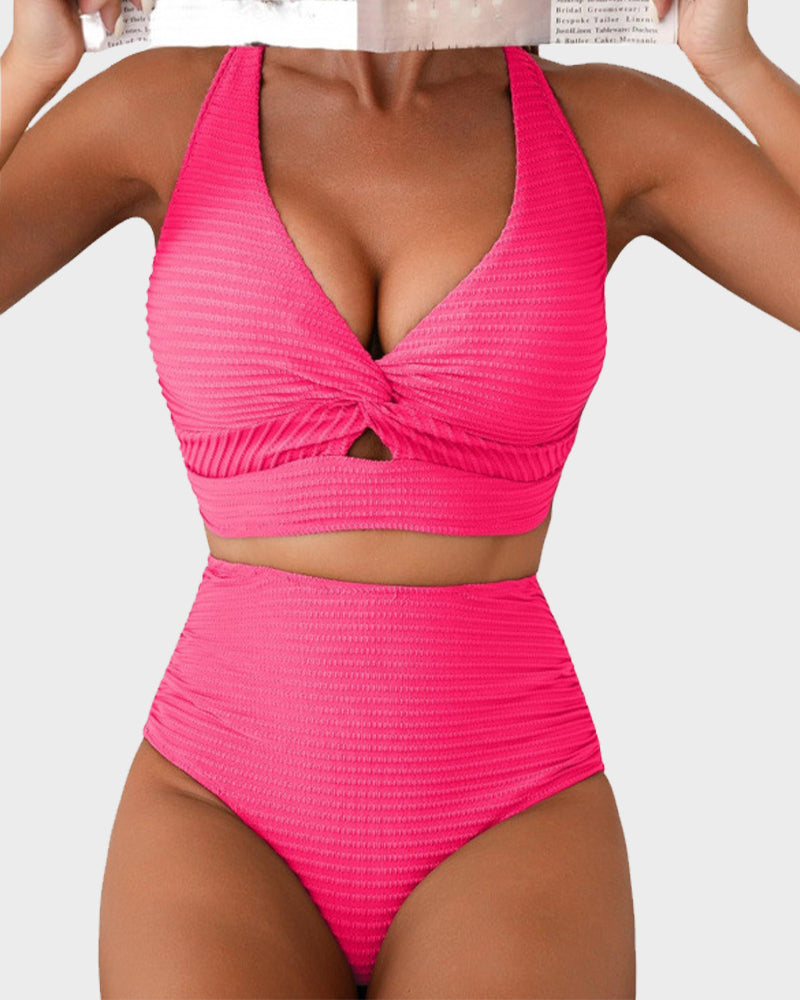 Women's textured knot-front bikini set with high-waisted briefs