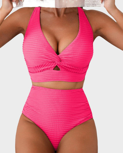 Women's textured knot-front bikini set with high-waisted briefs
