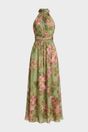Green floral halter maxi dress with a defined waist and flowing skirt